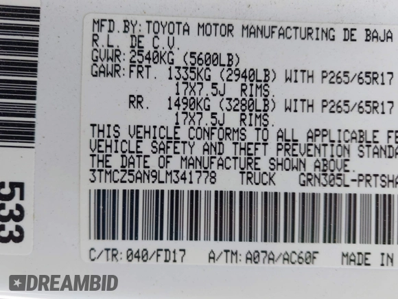 2020 Toyota Tacoma SR5 с VIN 3TMCZ5AN9LM341778, выставлен на аукционе IAAI как лот 42268274 с пробегом 64 767 миль миль и . История ставок и продаж доступна на DreamBid. Изображение 9.
