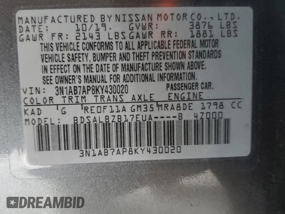 2019 Nissan Sentra S with VIN 3N1AB7AP8KY430020, listed as a Copart auction lot 51343155 with 97,857 mi miles and Salvage Title. Bid and sale history available at DreamBid. Image 14.
