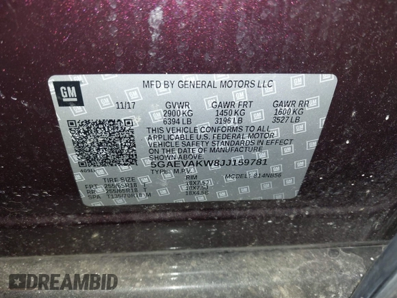 2018 Buick Enclave Essence with VIN 5GAEVAKW8JJ159781, listed as a IAAI auction lot 41694324 with 55,766 mi miles and . Bid and sale history available at DreamBid. Image 9.
