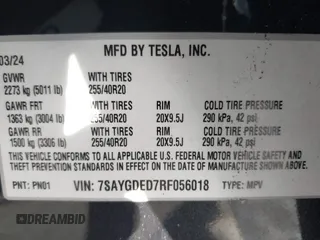 2024 Tesla Model Y с VIN 7SAYGDED7RF056018, выставлен на аукционе IAAI как лот 41322262 с пробегом 3 619 миль миль и . История ставок и продаж доступна на DreamBid. Изображение 9.