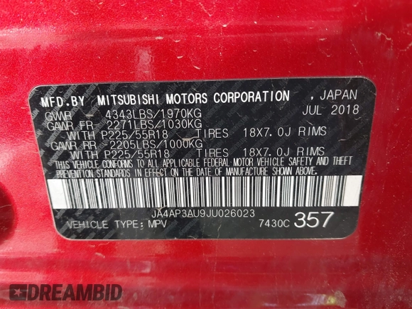 2018 Mitsubishi Outlander Sport ES 2.0 with VIN JA4AP3AU9JU026023, listed as a IAAI auction lot 40792379 with 147,749 mi miles. Bid and sale history available at carsss.com. Image 9.