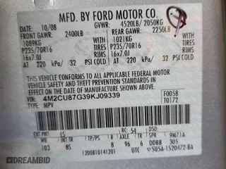 2009 Mercury Mariner Premier with VIN 4M2CU87G39KJ09339, listed as a Copart auction lot 87247774 with 87,282 mi miles and Salvage Title. Bid and sale history available at carsss.com. Image 12.