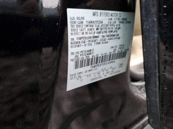 2005 Ford Five Hundred SE with VIN 1FAFP23155G169960, listed as a Copart auction lot 44375195 with 347,232 mi miles and Salvage Title. Bid and sale history available at carsss.com. Image 12.