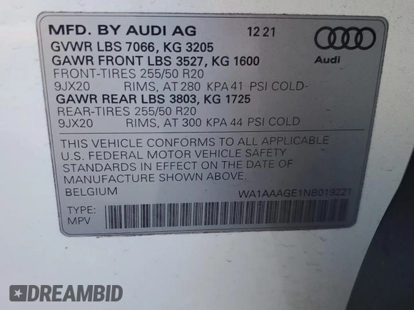 2022 Audi e-tron Premium with VIN WA1AAAGE1NB019221, listed as a Copart auction lot 41872005 with 47,890 mi miles and Salvage Title. Bid and sale history available at DreamBid. Image 13.