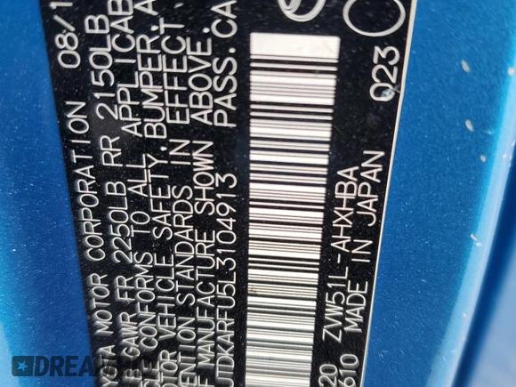 2020 Toyota Prius L Eco with VIN JTDKARFU5L3104913, listed as a Copart auction lot 51335495 with 139,074 mi miles and Salvage Title. Bid and sale history available at DreamBid. Image 15.