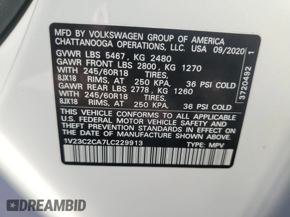 2020 Volkswagen Atlas SE with VIN 1V23C2CA7LC229913, listed as a Copart auction lot 42679504 with 62,480 mi miles and . Bid and sale history available at DreamBid. Image 13.