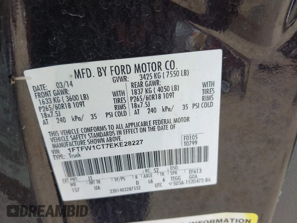 2014 Ford F-150 XL with VIN 1FTFW1CT7EKE28227, listed as a IAAI auction lot 42129699 with 85,149 mi miles and . Bid and sale history available at DreamBid. Image 9.