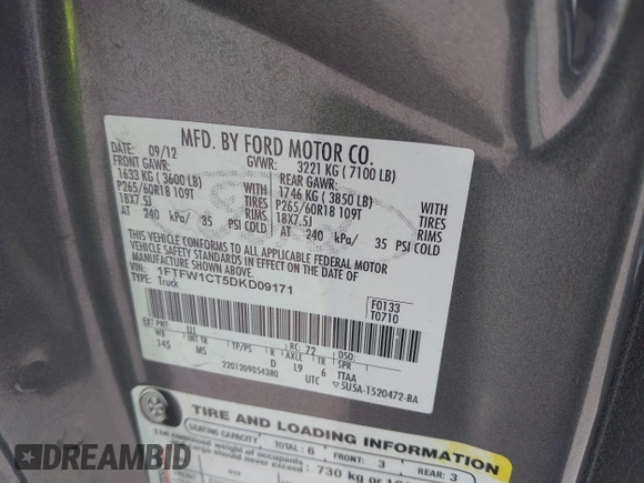 2013 Ford F-150 XL with VIN 1FTFW1CT5DKD09171, listed as a IAAI auction lot 42181857 with 148,279 mi miles and . Bid and sale history available at carsss.com. Image 9.