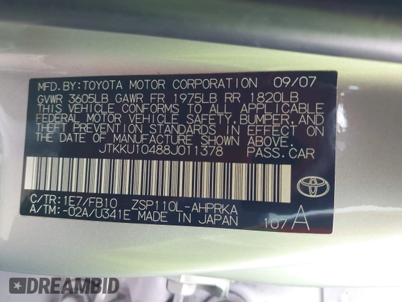 2008 Scion xD z VIN JTKKU10488J011378, wystawiony jako IAAI lot #42436291 z przebiegiem 161 354 mil mil oraz . Historia ofert i sprzedaży dostępna na DreamBid. Obrazek 9.