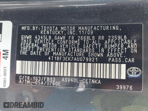 2010 Toyota Camry with VIN 4T1BF3EK7AU079921, listed as a IAAI auction lot 42118067 with 212,527 mi miles and . Bid and sale history available at DreamBid. Image 9.