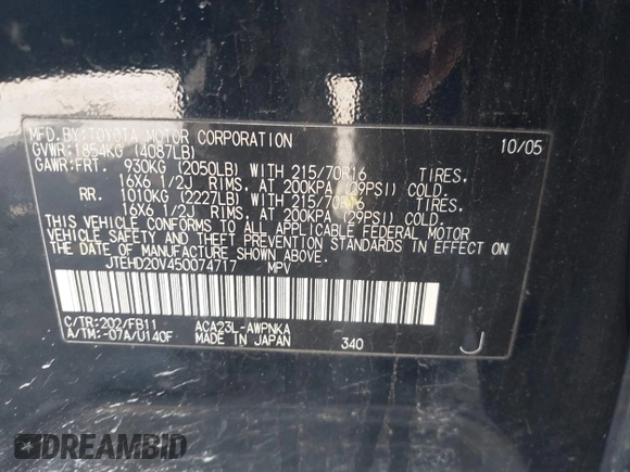 2005 Toyota RAV4 with VIN JTEHD20V450074717, listed as a IAAI auction lot 41856974 with 121,843 mi miles. Bid and sale history available at carsss.com. Image 9.