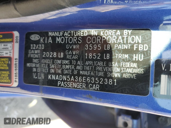 2014 Kia Rio EX with VIN KNADN5A36E6352381, listed as a Copart auction lot 73248004 with 89,838 mi miles and Salvage Title. Bid and sale history available at carsss.com. Image 13.