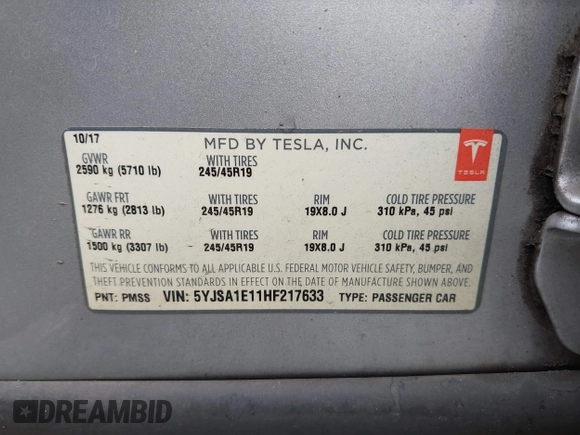 2017 Tesla Model S 60 z VIN 5YJSA1E11HF217633, wystawiony jako IAAI lot #42586913 z przebiegiem 152 987 mil mil oraz . Historia ofert i sprzedaży dostępna na DreamBid. Obrazek 9.