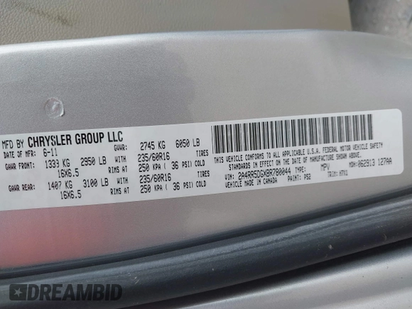2011 Chrysler Town & Country Touring with VIN 2A4RR5DGXBR780044, listed as a IAAI auction lot 42035045 with 205,627 mi miles and . Bid and sale history available at DreamBid. Image 9.