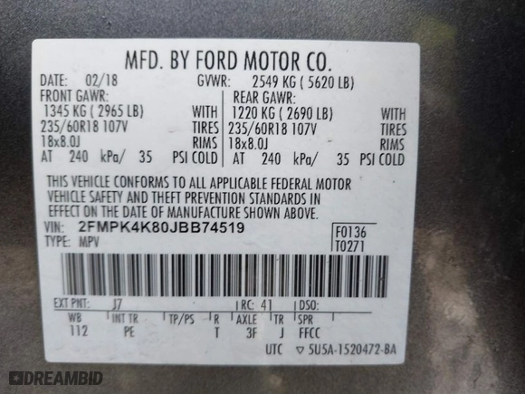 2018 Ford Edge Titanium with VIN 2FMPK4K80JBB74519, listed as a IAAI auction lot 41645678 with 150,061 mi miles. Bid and sale history available at carsss.com. Image 9.