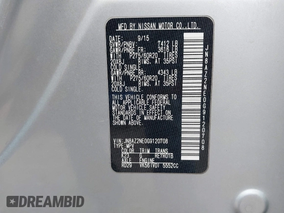 2016 Infiniti QX80 with VIN JN8AZ2NE0G9120708, listed as a IAAI auction lot 40991139 with 129,534 mi miles and . Bid and sale history available at DreamBid. Image 9.