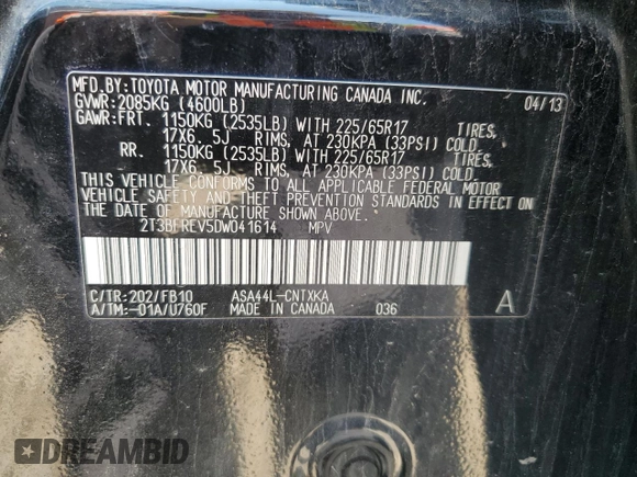 2013 Toyota RAV4 LE with VIN 2T3BFREV5DW041614, listed as a Copart auction lot 63146105 with 157,136 mi miles and Salvage title. Bid and sale history available at DreamBid. Image 14.