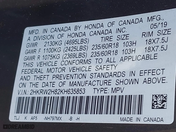 2019 Honda CR-V EX-L with VIN 2HKRW2H82KH635853, listed as a IAAI auction lot 41965265 with 48,016 mi miles. Bid and sale history available at carsss.com. Image 9.