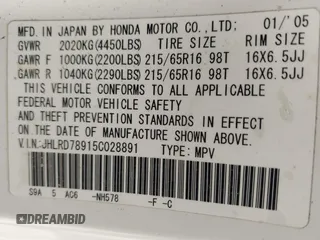 2005 Honda CR-V EX SE with VIN JHLRD78915C028891, listed as a IAAI auction lot 41672320 with 189,691 mi miles. Bid and sale history available at carsss.com. Image 9.