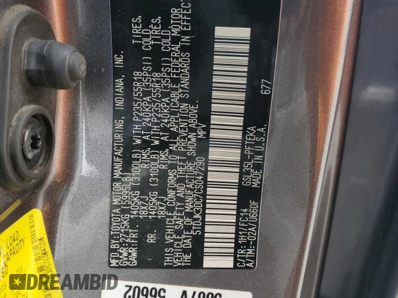 2012 Toyota Sienna LE with VIN 5TDJK3DC7CS047290, listed as a Copart auction lot 50822655 with 173,675 mi miles and Salvage Title. Bid and sale history available at carsss.com. Image 13.