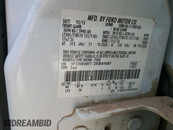 2013 Ford F-350 Platinum with VIN 1FT8W3BT2DEB41087, listed as a Copart auction lot 56766275 with 188,521 mi miles and Salvage title. Bid and sale history available at DreamBid. Image 12.