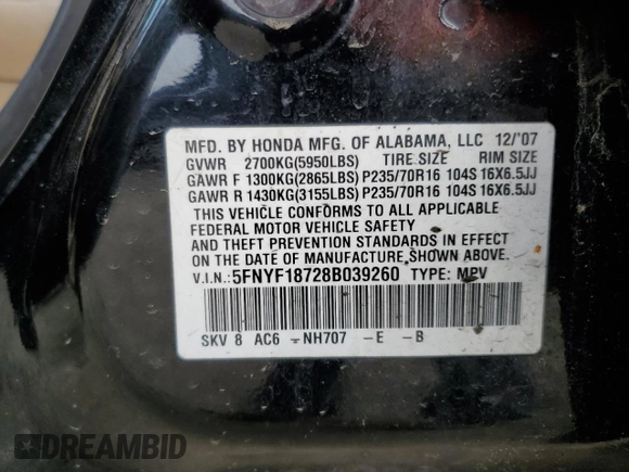 2008 Honda Pilot EX-L with VIN 5FNYF18728B039260, listed as a Copart auction lot 50144025 with 159,571 mi miles and Salvage title. Bid and sale history available at DreamBid. Image 15.