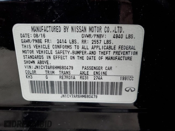 2017 Infiniti Q50 2.0t Premium with VIN JN1CV7AR6HM680479, listed as a Copart auction lot 46862215 with 75,920 mi miles and Salvage Title. Bid and sale history available at carsss.com. Image 12.