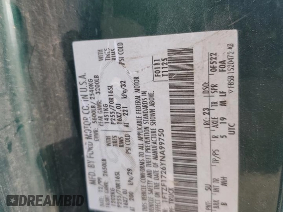 2000 Ford F-150 XL with VIN 1FTZF1726YNA99750, listed as a Copart auction lot 44131555 with Not provided miles and Salvage title. Bid and sale history available at DreamBid. Image 13.