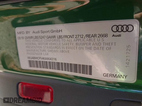 2019 Audi RS 5 Sportback z VIN WUABWCF54KA904316, wystawiony jako IAAI lot #41205564 z przebiegiem 36 727 mil mil oraz . Historia ofert i sprzedaży dostępna na DreamBid. Obrazek 9.