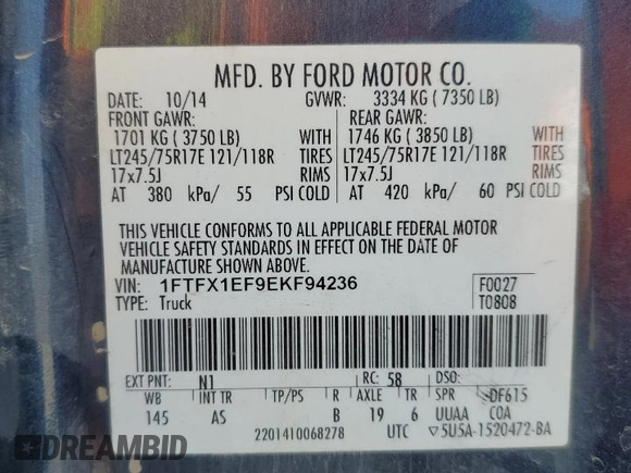2014 Ford F-150 XL with VIN 1FTFX1EF9EKF94236, listed as a Copart auction lot 62954045 with 203,713 mi miles and Salvage title. Bid and sale history available at DreamBid. Image 12.