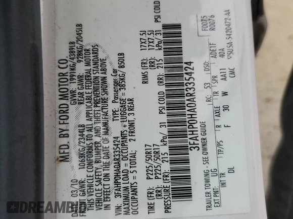2010 Ford Fusion SE z VIN 3FAHP0HA0AR335424, wystawiony jako Copart lot #58853845 z przebiegiem 168 793 mil mil oraz Szkoda całkowita • Salvage title. Historia ofert i sprzedaży dostępna na DreamBid. Obrazek 12.