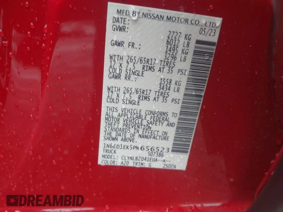 2023 Nissan Frontier SV with VIN 1N6ED1EK5PN656523, listed as a IAAI auction lot 42341035 with 38,653 mi miles and . Bid and sale history available at DreamBid. Image 9.