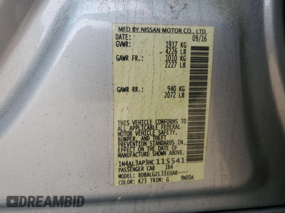 2017 Nissan Altima S with VIN 1N4AL3AP3HC115541, listed as a Copart auction lot 51718945 with 173,022 mi miles and Salvage title. Bid and sale history available at DreamBid. Image 14.