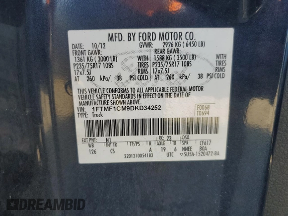 2013 Ford F-150 XL with VIN 1FTMF1CM9DKD34252, listed as a Copart auction lot 49175385 with 215,746 mi miles and Salvage Title. Bid and sale history available at carsss.com. Image 13.