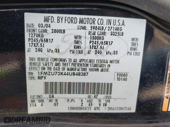 2004 Ford Explorer XLT с VIN 1FMZU73K44UB48387, выставлен на аукционе IAAI как лот 42282886 с пробегом 149 087 миль миль и . История ставок и продаж доступна на DreamBid. Изображение 9.