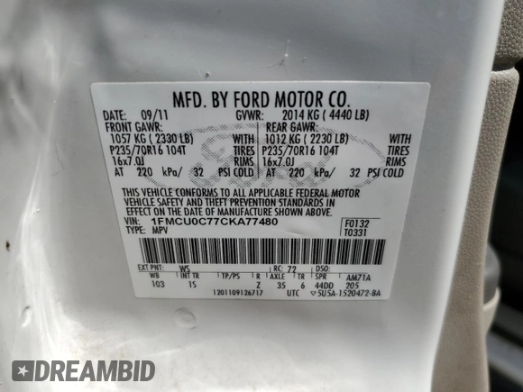2012 Ford Escape XLS with VIN 1FMCU0C77CKA77480, listed as a Copart auction lot 62199255 with 352,041 mi miles and Clean title. Bid and sale history available at DreamBid. Image 13.