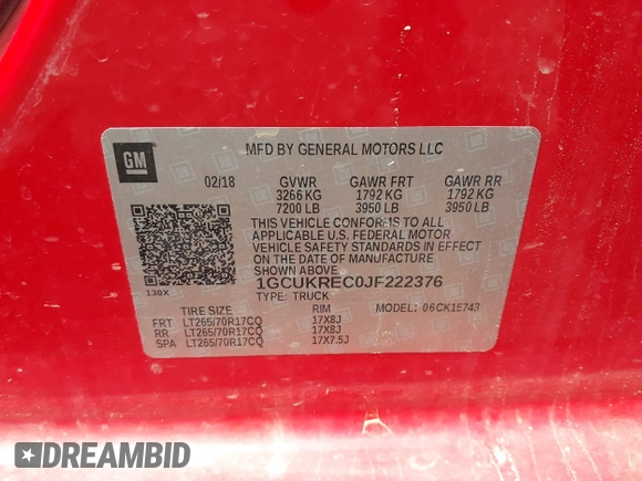 2018 Chevrolet Silverado 1500 LT with VIN 1GCUKREC0JF222376, listed as a IAAI auction lot 42121748 with 143,472 mi miles and . Bid and sale history available at DreamBid. Image 9.