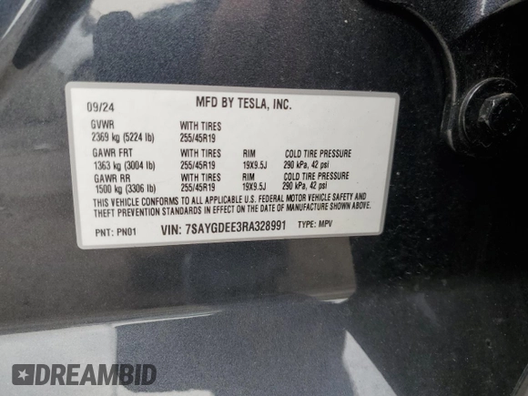 2024 Tesla Model Y Long Range с VIN 7SAYGDEE3RA328991, выставлен на аукционе Copart как лот 56637455 с пробегом Не указан миль и Списание • Salvage title. История ставок и продаж доступна на DreamBid. Изображение 13.