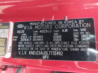 2020 Kia Soul S with VIN KNDJ23AU0L7731492, listed as a IAAI auction lot 41947351 with 71,484 mi miles and . Bid and sale history available at DreamBid. Image 9.