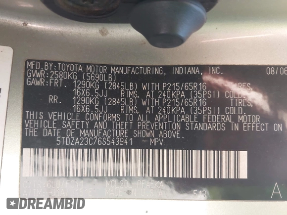 2006 Toyota Sienna CE with VIN 5TDZA23C76S543941, listed as a IAAI auction lot 42107462 with 292,000 mi miles and . Bid and sale history available at DreamBid. Image 9.