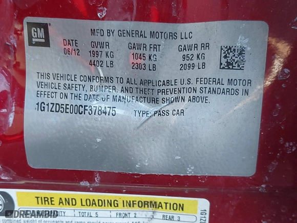 2012 Chevrolet Malibu LT w/2LT with VIN 1G1ZD5E00CF378475, listed as a IAAI auction lot 41013031 with 139,331 mi miles. Bid and sale history available at carsss.com. Image 9.