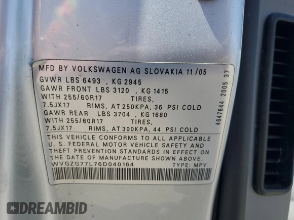 2006 Volkswagen Touareg 3.2L V6 with VIN WVGZG77L76D040164, listed as a Copart auction lot 51551155 with 169,611 mi miles and Salvage Title. Bid and sale history available at DreamBid. Image 13.