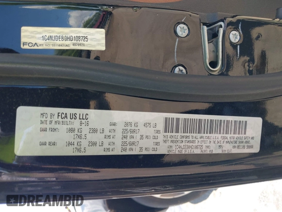 2017 Jeep Compass Latitude with VIN 1C4NJDEB0HD108725, listed as a IAAI auction lot 42820801 with 179,469 mi miles and . Bid and sale history available at DreamBid. Image 9.