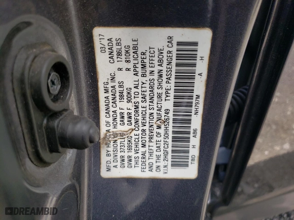 2017 Honda Civic Sedan LX with VIN 2HGFC2F50HH526749, listed as a Copart auction lot 74401184 with 179,655 mi miles and Salvage Title. Bid and sale history available at carsss.com. Image 13.