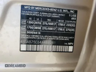 2004 Mercedes-Benz M-Class 5.0L with VIN 4JGAB75E64A488281, listed as a Copart auction lot 77031744 with 128,699 mi miles and Salvage Title. Bid and sale history available at carsss.com. Image 12.