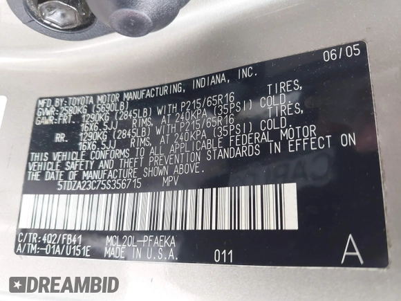 2005 Toyota Sienna CE with VIN 5TDZA23C75S356715, listed as a IAAI auction lot 42202738 with 107,796 mi miles and . Bid and sale history available at DreamBid. Image 9.