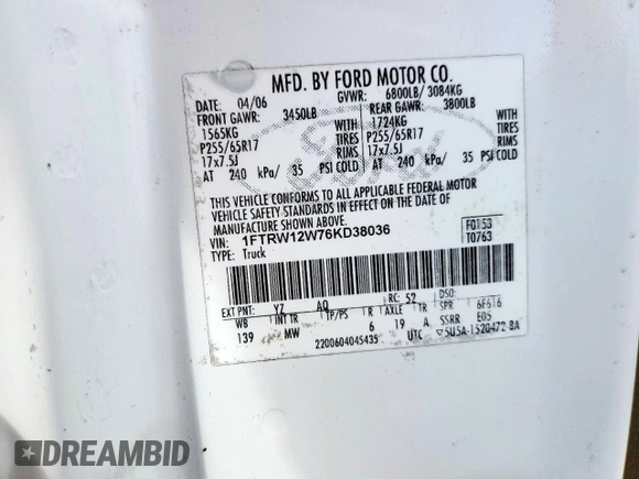 2006 Ford F-150 XLT with VIN 1FTRW12W76KD38036, listed as a Copart auction lot 63437925 with 299,214 mi miles and Salvage title. Bid and sale history available at DreamBid. Image 12.