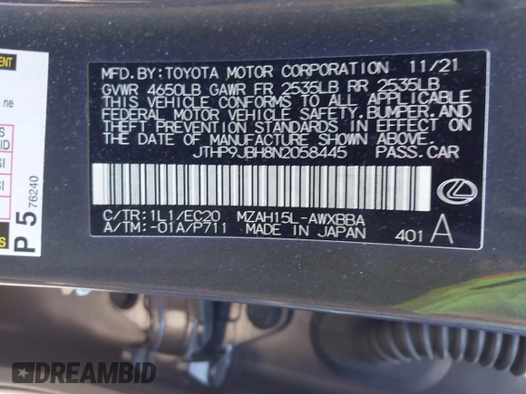 2022 Lexus UX 250h with VIN JTHP9JBH8N2058445, listed as a IAAI auction lot 41870238 with 36,509 mi miles and . Bid and sale history available at DreamBid. Image 9.
