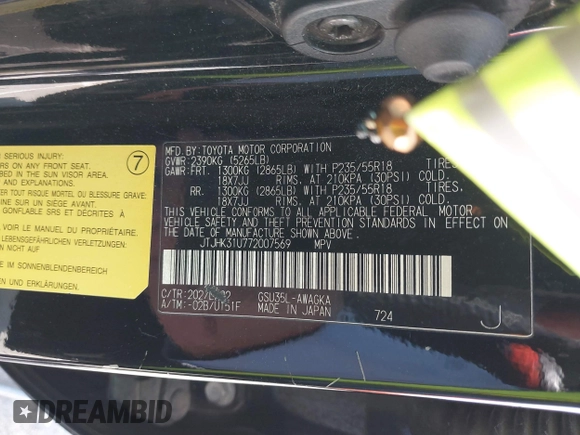 2007 Lexus RX 350 with VIN JTJHK31U772007569, listed as a IAAI auction lot 42497470 with 132,953 mi miles and . Bid and sale history available at DreamBid. Image 9.