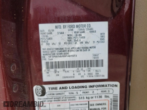 2009 Ford F-150 XL with VIN 1FTPW14V69FA81573, listed as a Copart auction lot 49098534 with 237,463 mi miles and Salvage title. Bid and sale history available at DreamBid. Image 12.